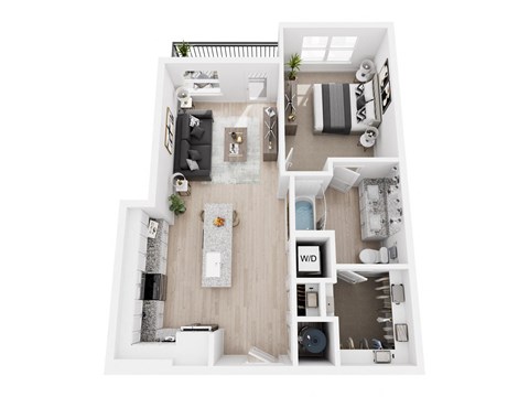 a stylized floor plan with a bedroom and living room